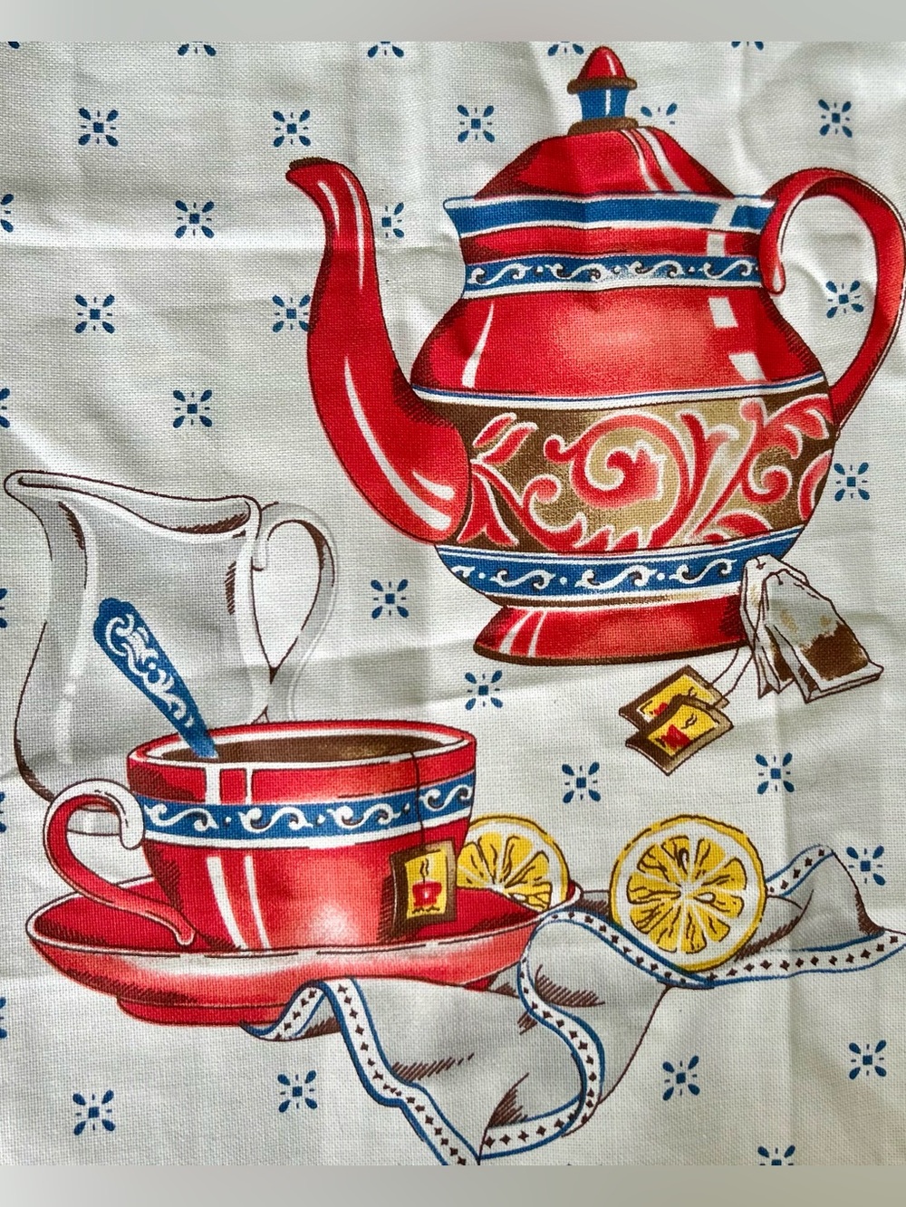 Vallesusa Tea Time Towel Tapestry Red + Blue Teapot + Cup with Saucer and Lemon